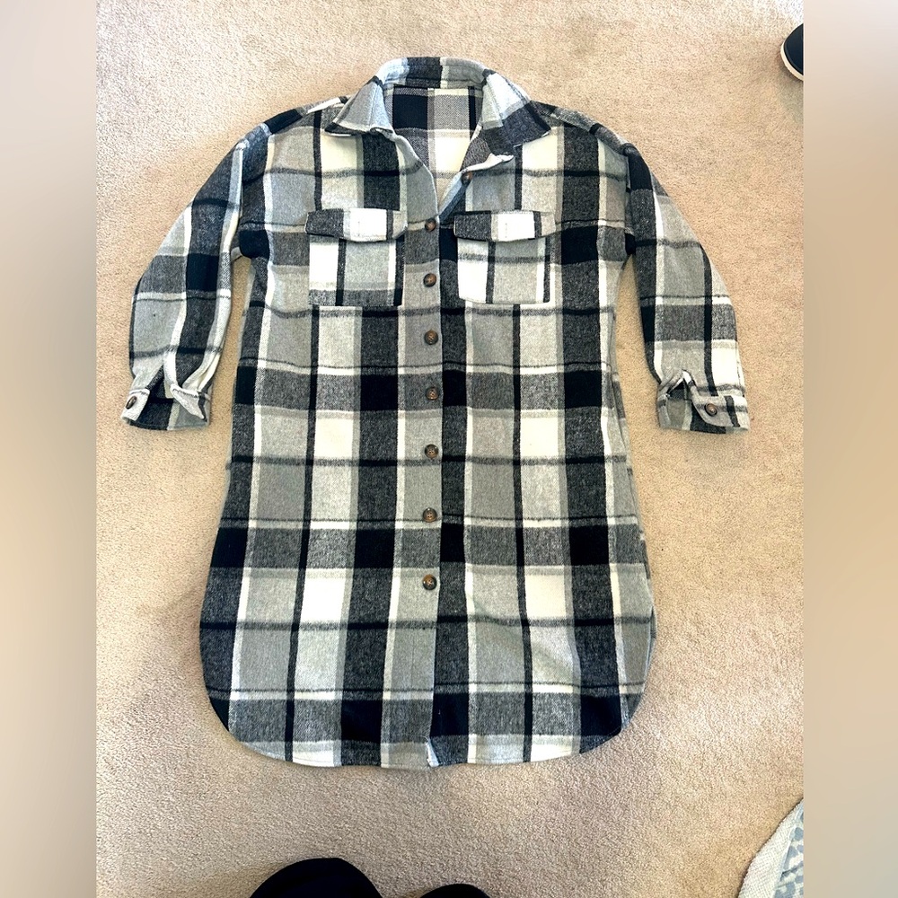 Plaid Button-Up shacket, black/white, size L